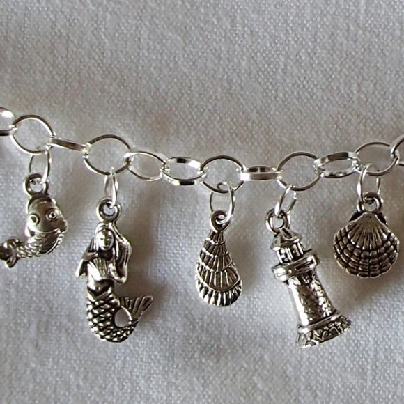 Ocean Fantasy Beach Theme Charm Bracelet Handcrafted + Organza Roses Gift Bag - Picture 4 of 7